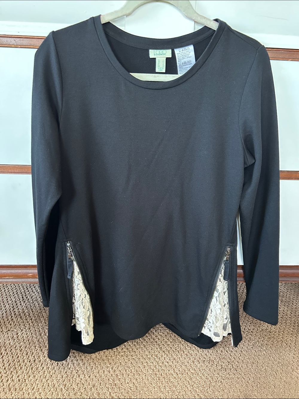 LOGO by Lori Goldstein Black Long-Sleeve Top with Lace Insets